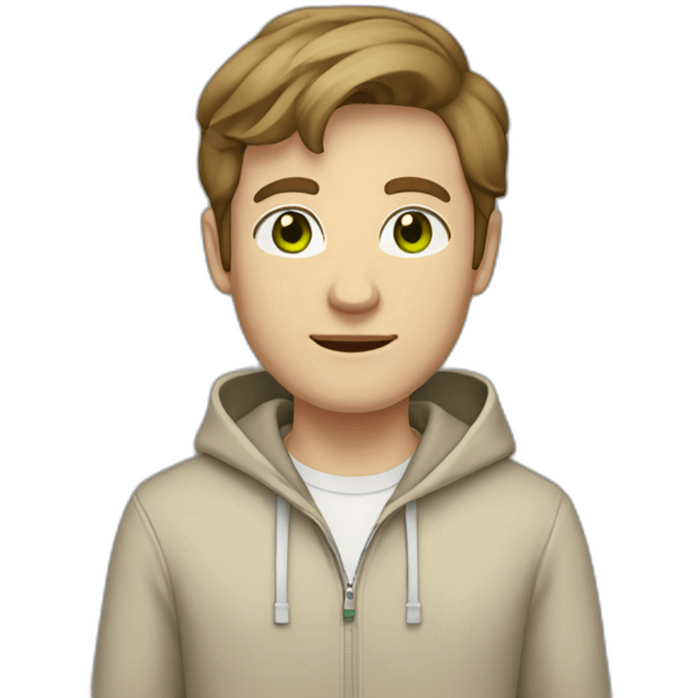 white guy in beige hoodie with brown hair and white shoes and  gray pants and green eyes standing emoji