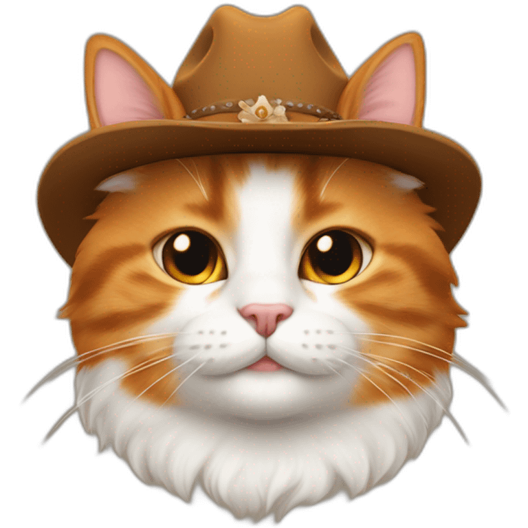 pure orange small chubby smiling hairy japanese bobtail cat while wearing a brown cowboy hat with the ears poking out of the hat emoji