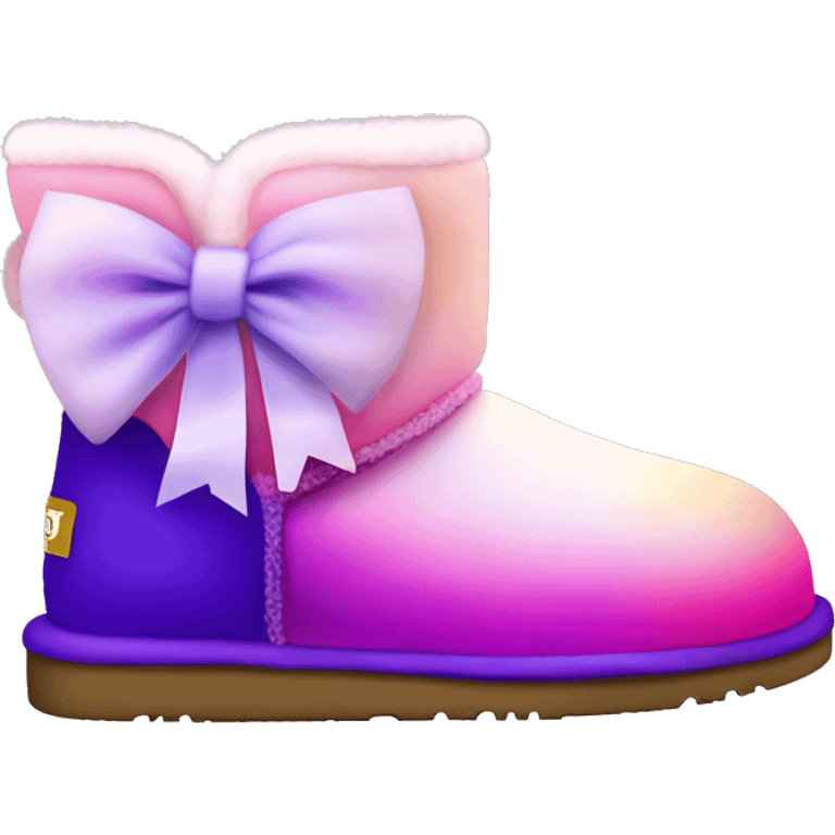 Realistic pair of pink to purple ombre fur Ugg boots with silk ribbon bows. emoji