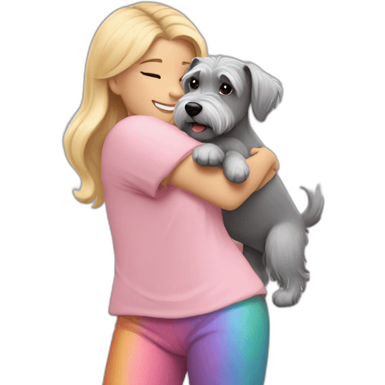 A girl with blonde hair in a light pink T-shirt and rainbow leggings hugs a gray Schnauzer dog emoji