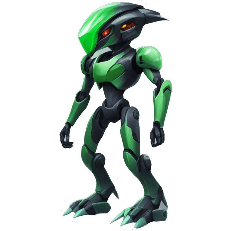 a shiny black-green Genesect-Raptor-Fakémon-Medabot-hybrid with a futuristic visor-helmet full body emoji