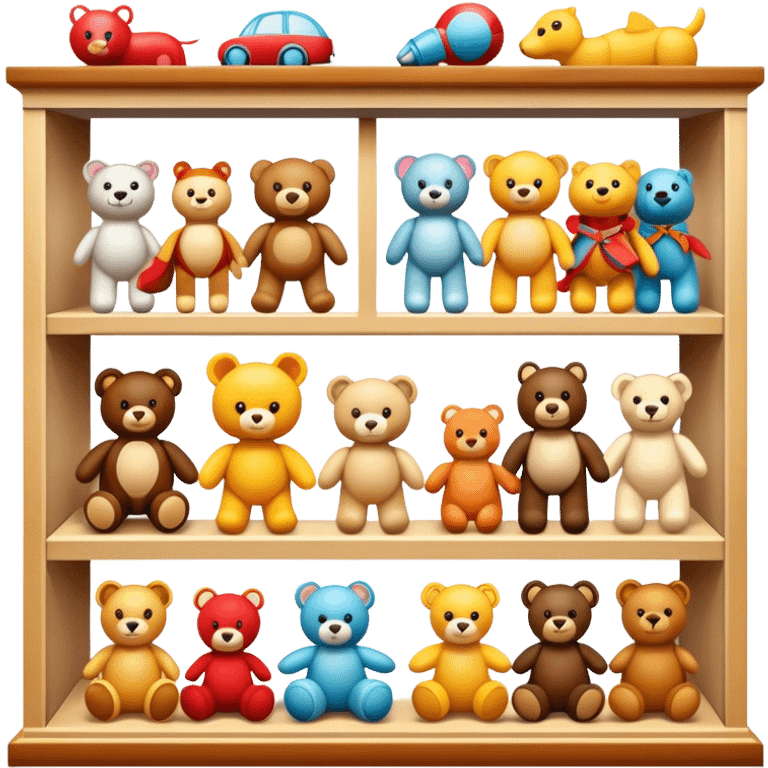 Icon for Toy Collecting: a collection of various vintage toys such as dolls, action figures, and plush animals, displayed neatly on shelves or in display cases. The icon should evoke the joy and nostalgia of collecting toys. Transparent background. emoji