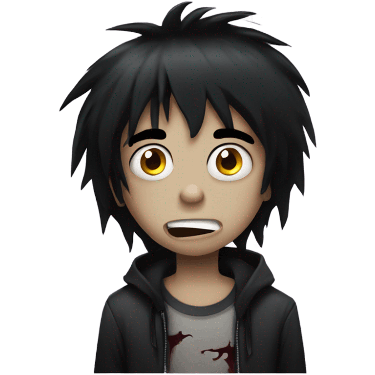 Boy, black hair, medium long, emo, shaggy, zombie, dark, spooky, creepy expression emoji