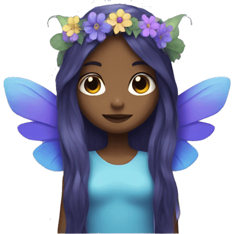 fairy with purple and blue wings, long hair, and flower crown emoji