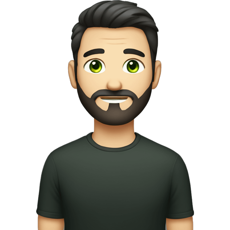 Handsome man with dark hair, gradient short hair on the side, green eyes. Thin face. Black t-shirt. A little beard. An contact emoji has to be next him emoji