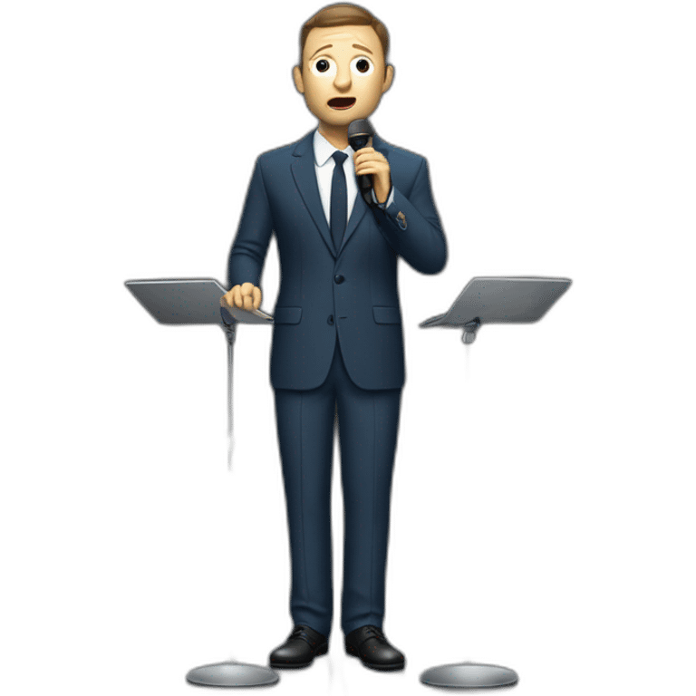 tim robinson in suit singing into microphone stand holding stand (full body, ios17, sad) emoji