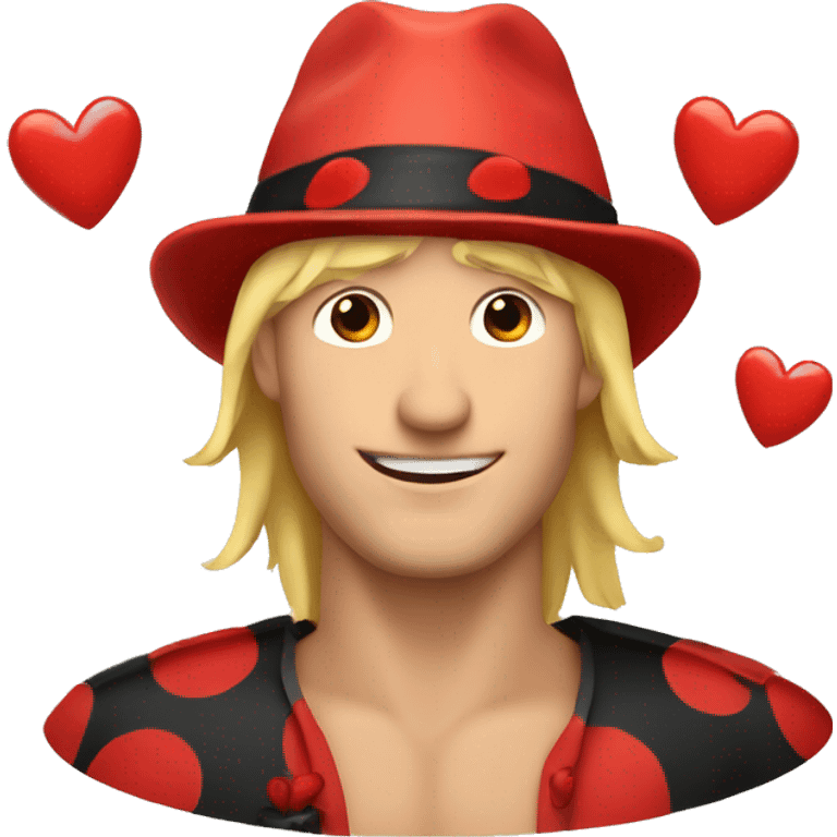 Blonde man wearing a ladybug hat with hearts around him emoji