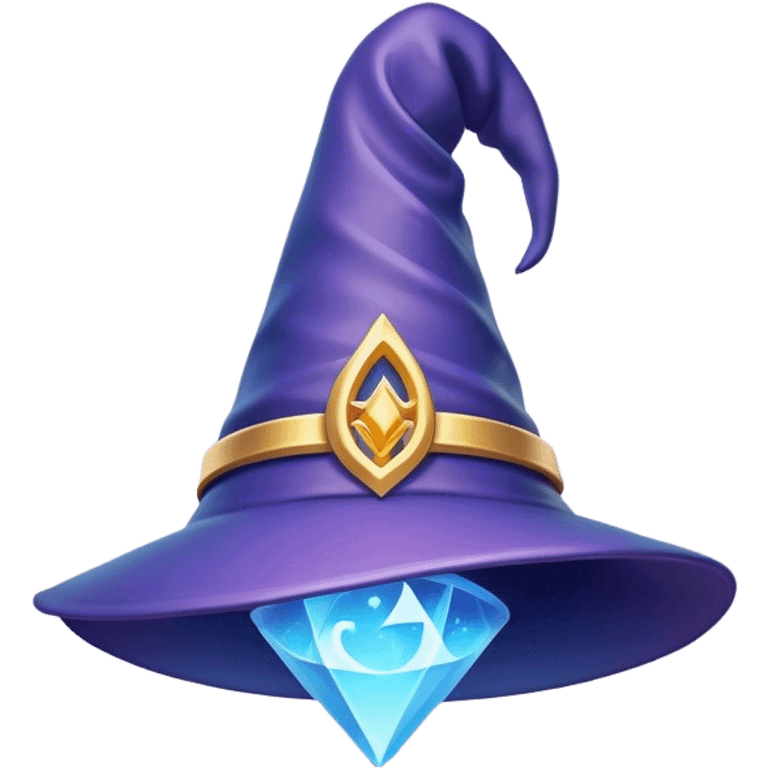 Clash of Clans aesthetic: Cinematic Playful Wizard's Hat Emoji, rendered in a 3D vector-style similar to standard emojis with minimal shading and bold, simplified shapes. A compact, isometric pointy hat with a wide brim adorned with mystical symbols and subtle enchanted shimmer, softly glowing with a magical whimsical charm. Simplified yet unmistakably iconic, highly detailed and consistent, glowing with a soft radiant glow and high shine. Stylized with a touch of classic sorcery and a soft glowing outline, capturing the essence of a legendary wizard’s hat with a friendly, playful manner! emoji