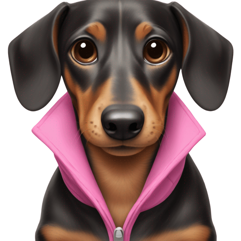 happy black brown and white dachshund wearing pink jacket emoji