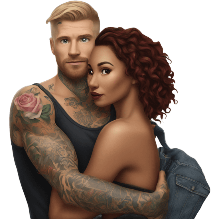 Hyper Realistic beautiful woman in the arms of a very handsome tattooed man walking  emoji