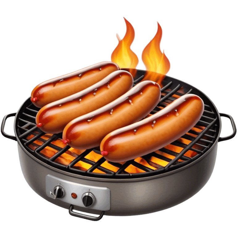 Cinematic Realistic Sausage Sizzle Dish Emoji, featuring sizzling sausages cooking over an open flame rendered with dynamic textures and warm, smoky lighting. emoji