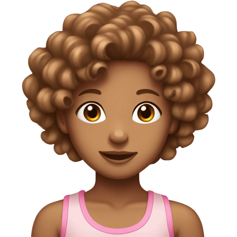 Tan girl with a pink bow and curly brown hair wearing a light pink tank top emoji