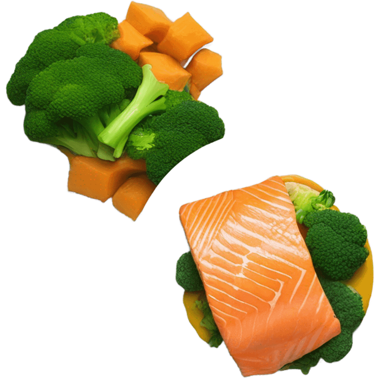 Dish with salmon,brocoli and pumpking pure  emoji