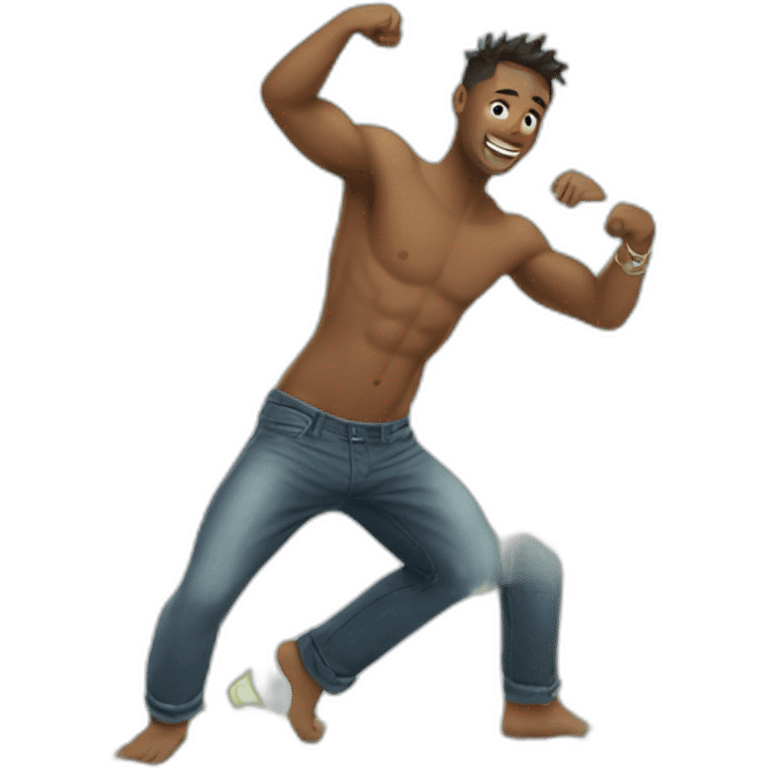 Shirtless guy dancing under raining money  emoji