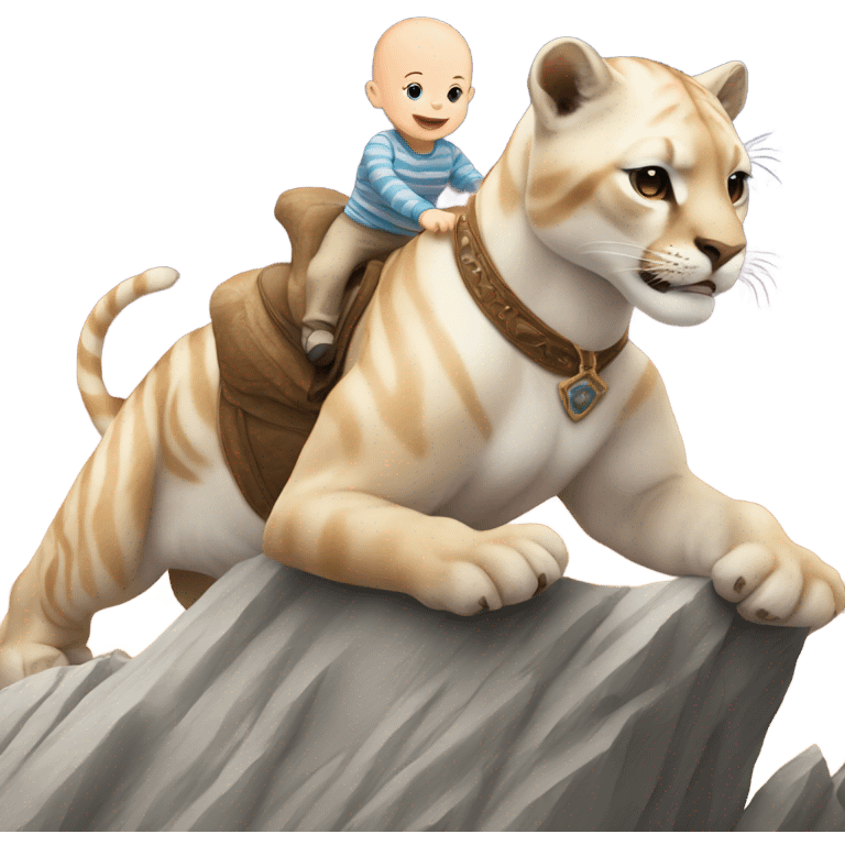 bald white baby riding on a striped mountain lion emoji