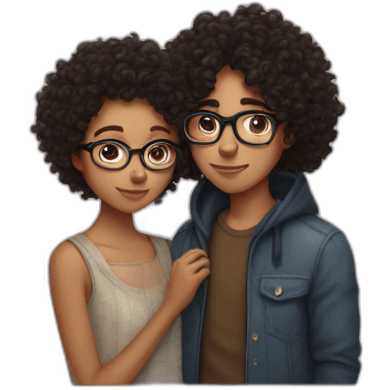 curly girl in glasses kissing dark hair boy emoji