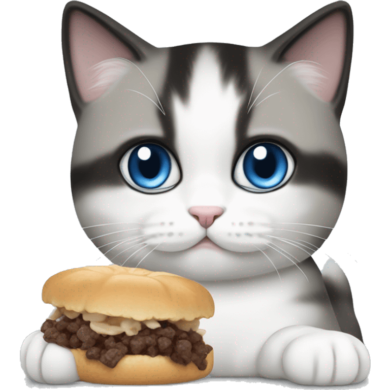 whoppers eating white/black/gray munchkin cat be with blue eyes emoji