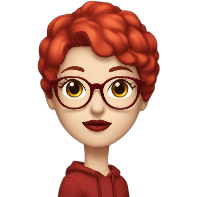 white woman with dark red pixie cut and long eyelashes and big red glasses red lips and red hoody emoji