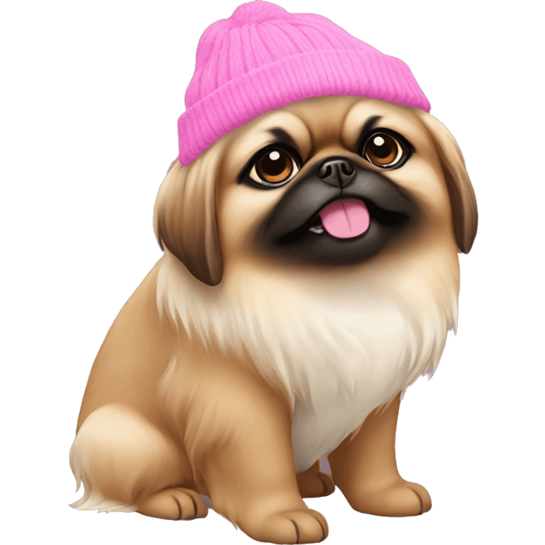 pekingese dog wearing pink beanie emoji