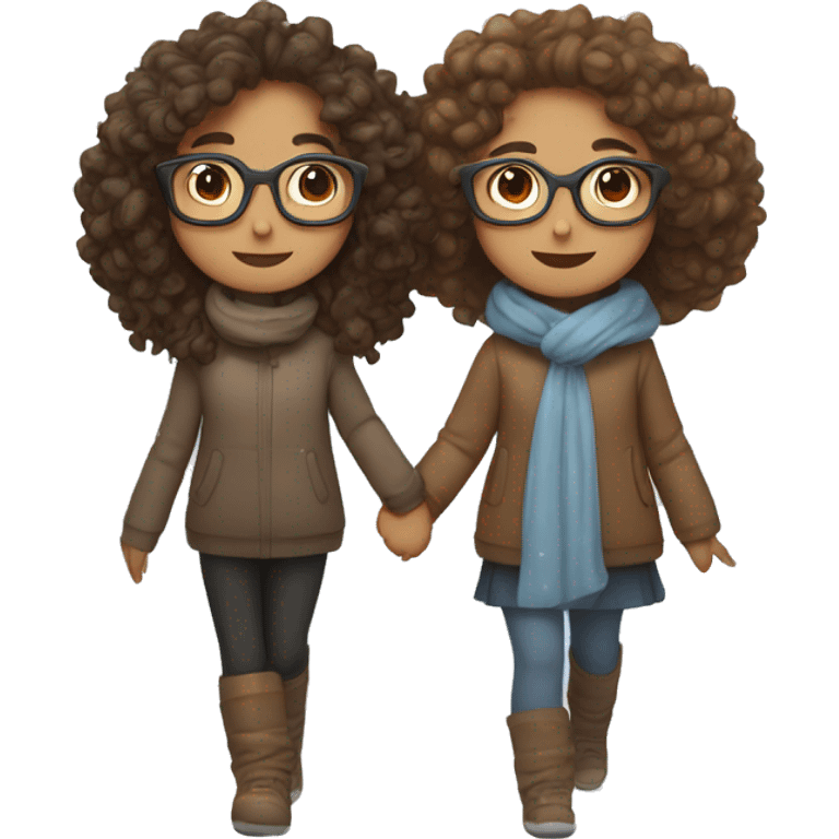 brown haired girl with glasses and brown haired girl with curly hair making snow angels holding hands  emoji