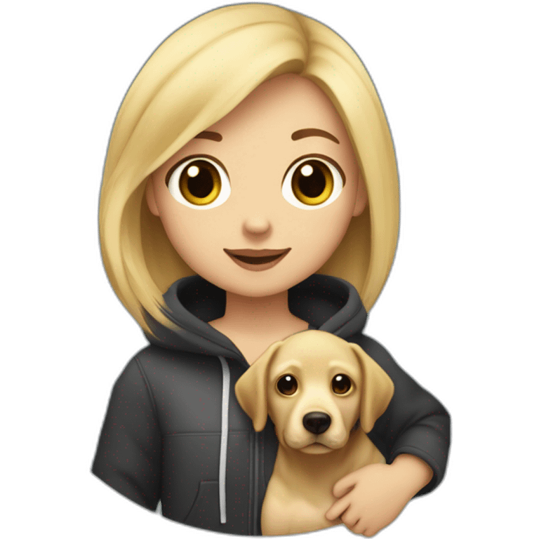 A blonde girl with smooth hair and a ray in the middle of his hair, she has light skin a few freckles, and she wear a hoodies and she Carries in his arms a baby black labrador dog  emoji