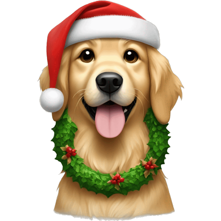 Golden retriever wearing a Christmas wreath around neck and Santa hat emoji