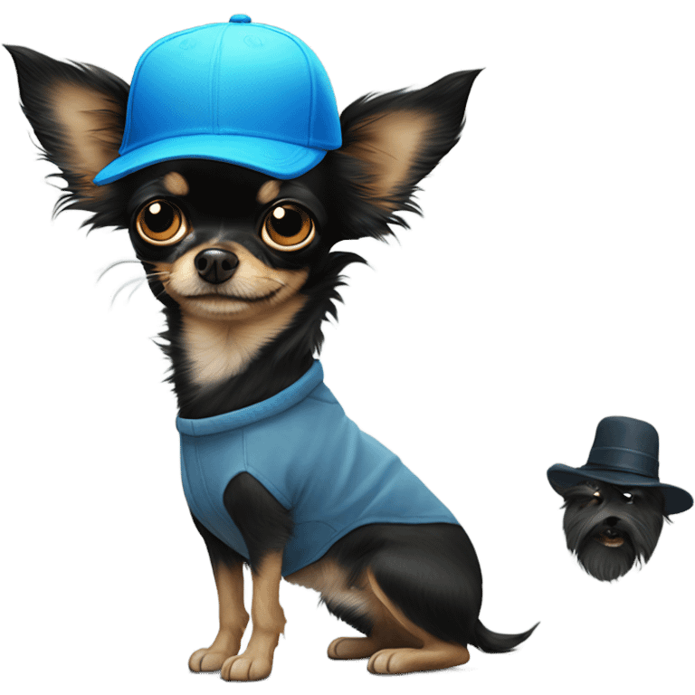 all black long haired Chihuahua held by old man with blue eyes goatee in ball cap emoji