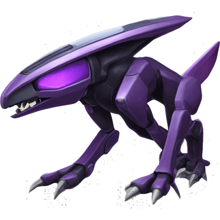 a shiny black-purple-yellow Genesect-Raptor-Fakémon—hybrid with a futuristic visor-helmet full bod emoji