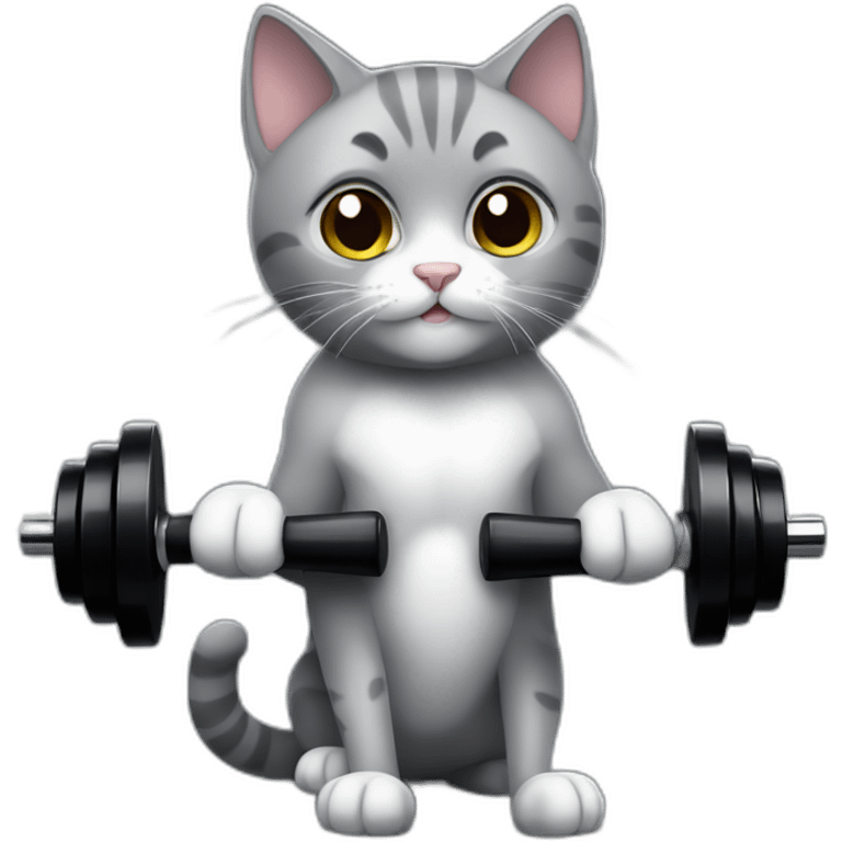 Super cute grey cat working out with black dumbbells emoji