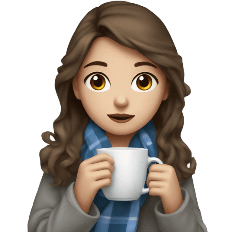 Girl with brown hair and blue eyes sipping on a tea wrapped in a grey plaid blanket  emoji