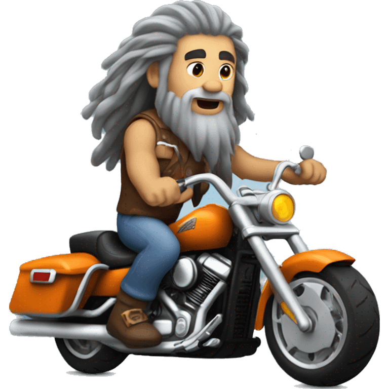 Caveman with long gray hair and a goatee riding a Harley Davidson motorcycle  emoji