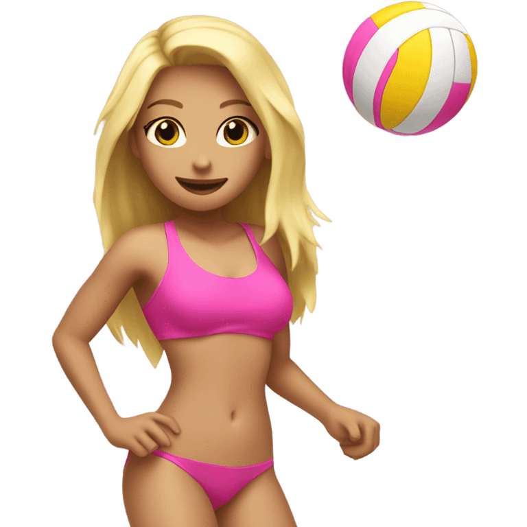 Blond girl wearing pink bikini spiking a pink volleyball on a beach emoji