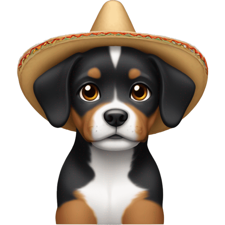 A black and brown pointy ear puppy without white with pointy ears and short fur wearing a sombrero  emoji