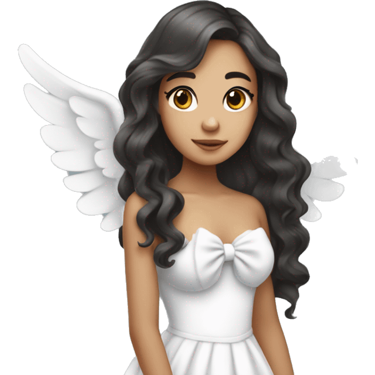 Pretty mixed Asian girl with long wavy hair with big angels wings and a white bow in a strapless dress emoji