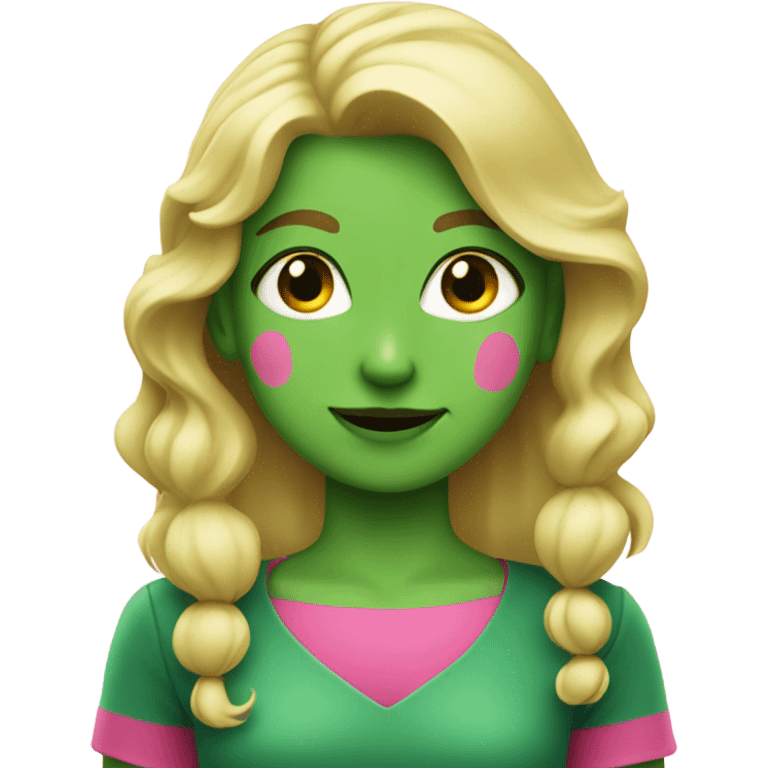 A blonde girl with green skin holding a pink comb smirking  emoji