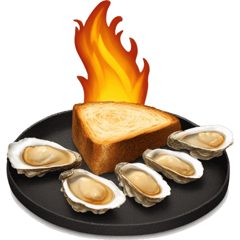 slice of black toasted bread with pan of oysters, fire turkey emoji