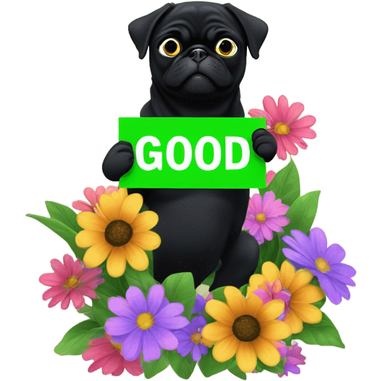 Black pug , surrounded by flowers, holding a green sign that says “good luck”  emoji