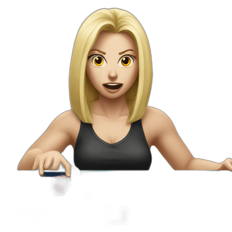 a blond women playing pinpong and angry emoji