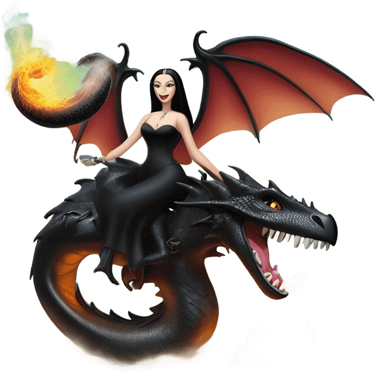 empowered and glamorously  dressed teen Morticia Addams Malibu Beach Barbie Jedi flying/riding on the back of a very large black shiny evil-looking fire-spewing horned dragon. proper scale emoji