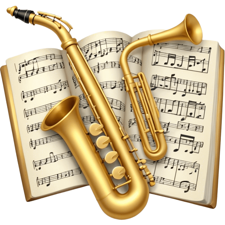 Create an elegant and artistic emoji that represents music arrangement and orchestration. The design should feature a conductor's baton, musical scores, and various orchestral instruments (drums, violin, trumpet, electric guitar, synthesizer). Incorporate flowing lines to represent harmony and orchestral balance, along with a subtle representation of sheet music. Use rich, classical colors like gold, silver, or deep blue, and create an atmosphere of sophistication and precision. The background should be transparent. emoji