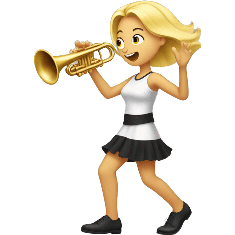 Blonde girl barefoot, black pedicures and marching in place while playing trumpet  emoji