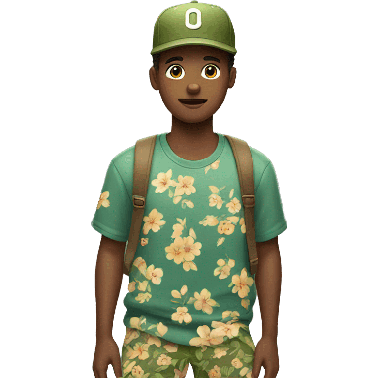 young man in floral pants and olive baseball hat emoji