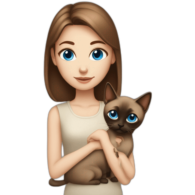 Blue-eyed girl with brown hair with siamese cat and miniature pincher emoji