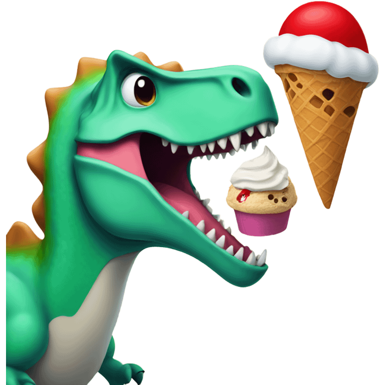 Dinosaur with Santa hat eating ice cream emoji