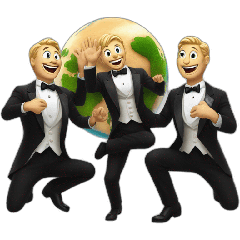 3 white men in tuxedo evil laughing with their palms raised behind a miniature earth on the ground emoji