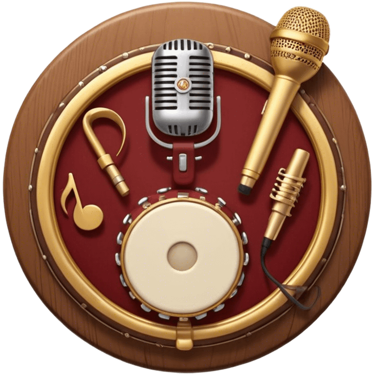 Create a warm and authentic humanless emoji representing folk singing. The design should feature a traditional folk microphone at the center, surrounded by classic instruments such as a bayan (button accordion), gusli (a traditional Russian zither), and a tambourine. Arrange these instruments in a harmonious, circular pattern to evoke a sense of folk music and community performance. Use natural, earthy colors like wood brown, deep red, and golden accents to reflect the rustic and heartfelt spirit of folk music. Add subtle musical notes to the background to convey the rhythm and harmony of the performance. The background should be transparent. emoji