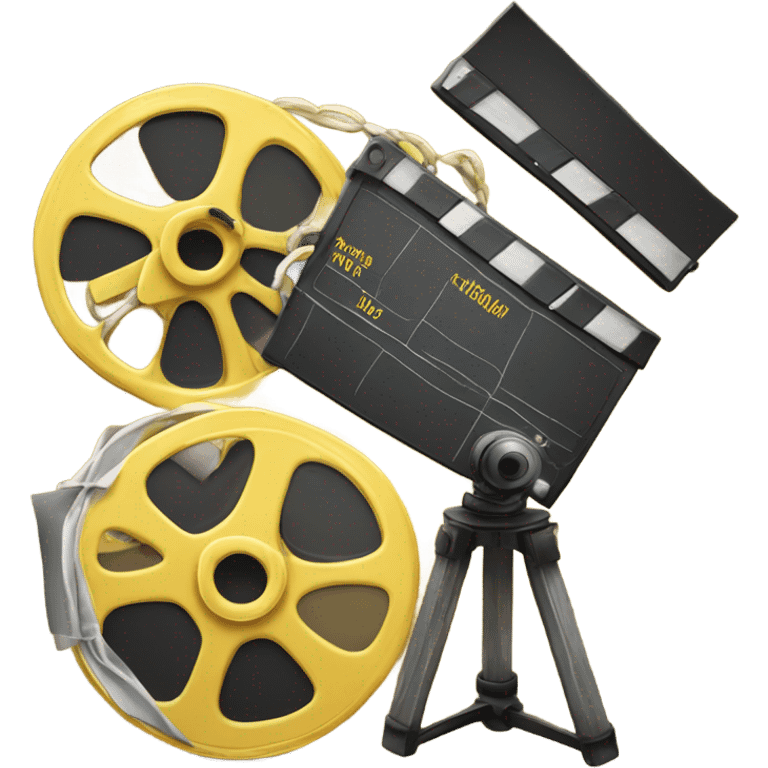 A black and yellow film reel, clapperboard, and movie camera. emoji