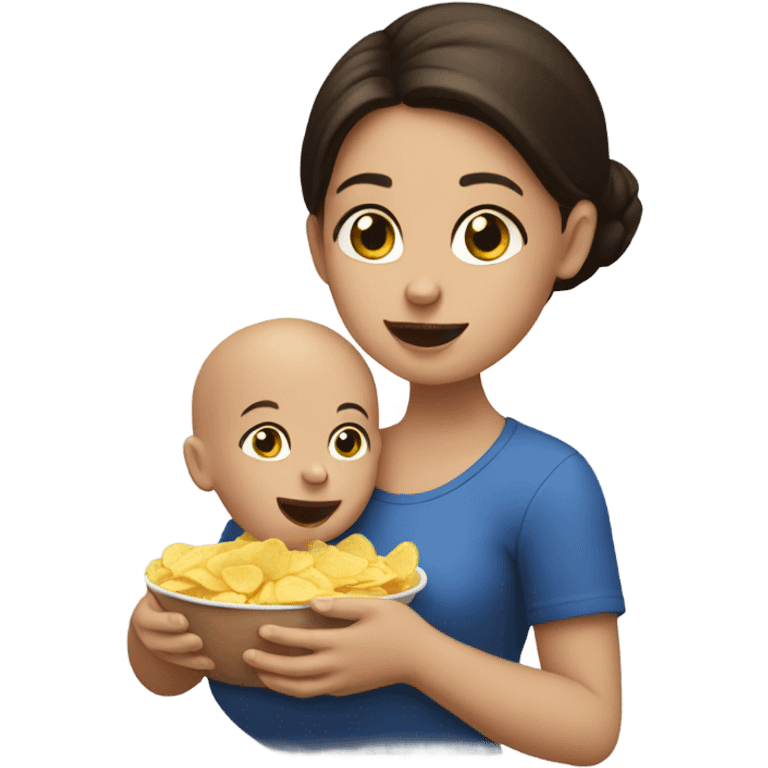 Brunette girl holding bald baby eating chips  emoji