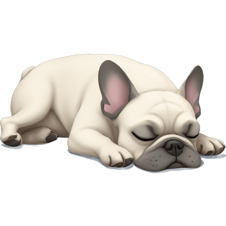 grey french bulldog sleeping on the floor, half of the body outside his floor cushon emoji