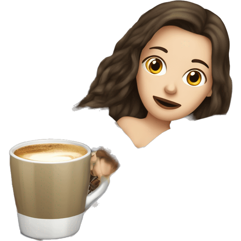 brunette white girl under plaided blanket with coffee cup emoji